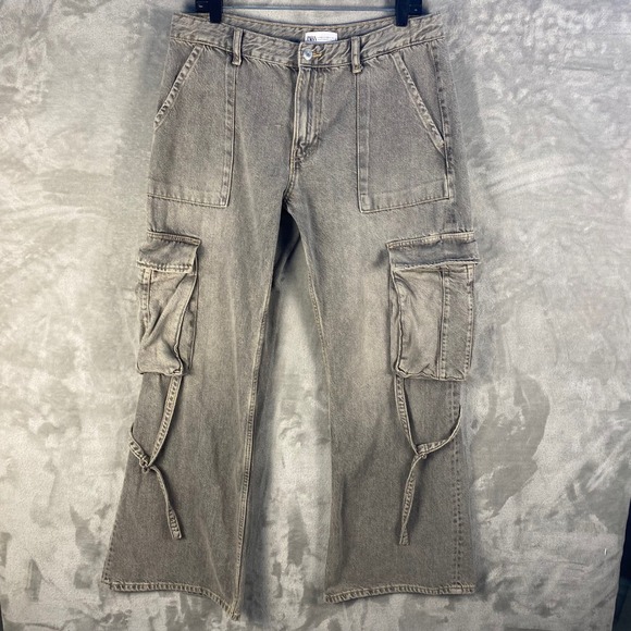 Zara Denim - Zara Women's Gray Denim Cargo Jeans Size 10 Utility Pockets Wide Leg